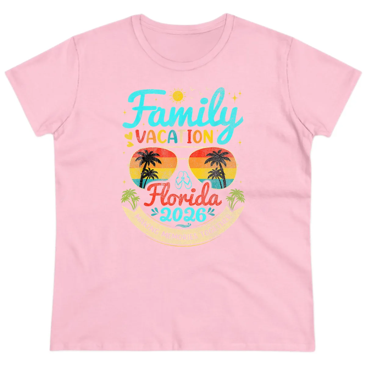 Family Florida Vacation 2026 Sunglasses Palm Tree Ladies Tee in Light Pink