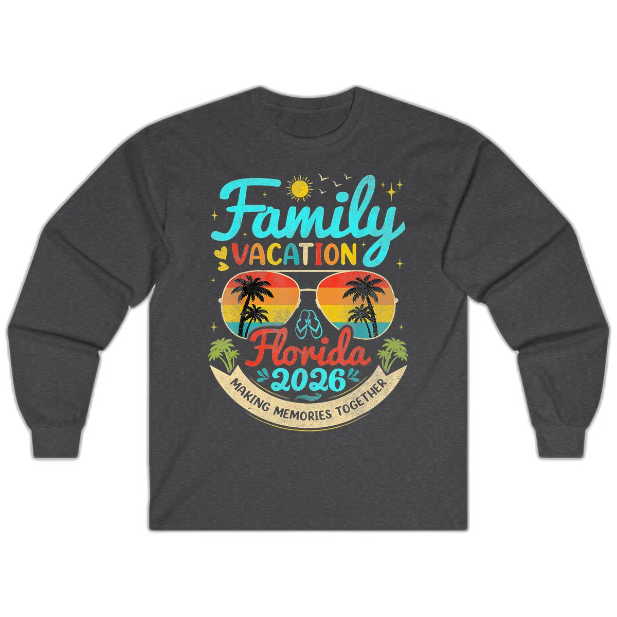 Family Florida Vacation 2026 Sunglasses Palm Tree Long Sleeve in Dark Heather
