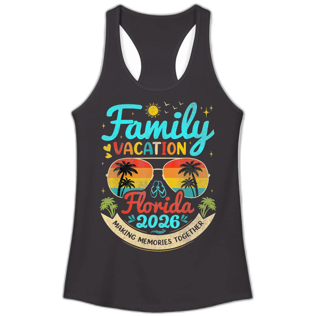 Family Florida Vacation 2026 Sunglasses Palm Tree Ladies Tank in Black