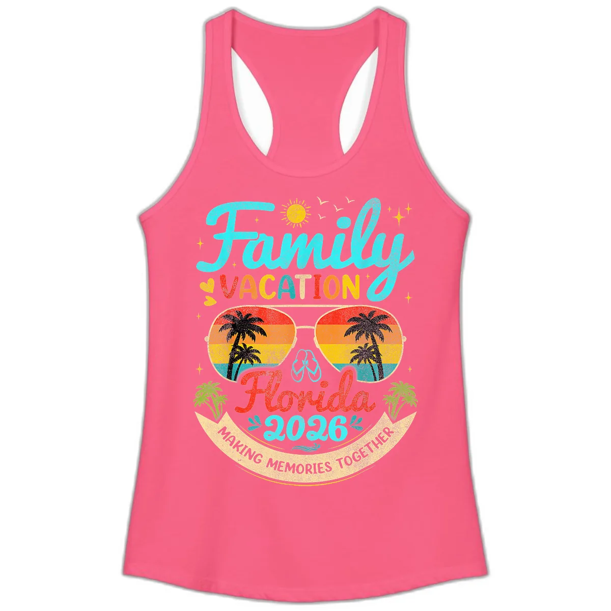 Family Florida Vacation 2026 Sunglasses Palm Tree Ladies Tank in Solid Hot Pink