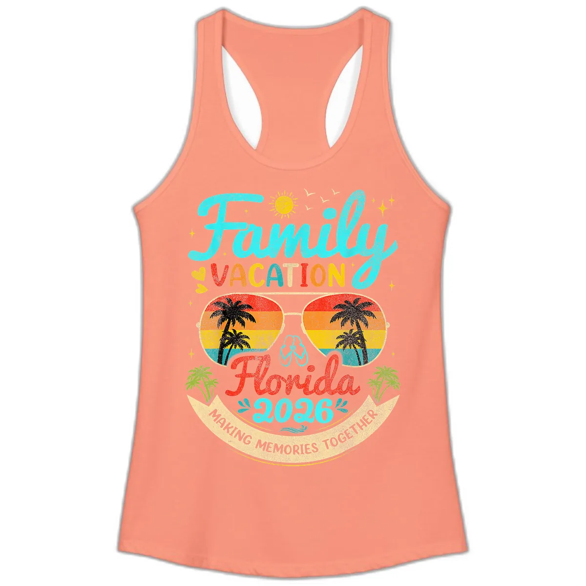 Family Florida Vacation 2026 Sunglasses Palm Tree Ladies Tank in Solid Light Orange