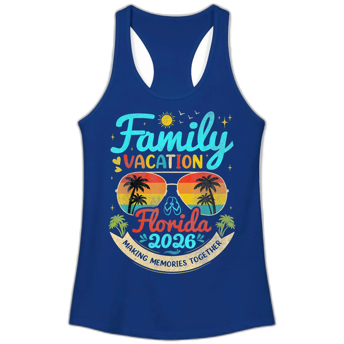 Family Florida Vacation 2026 Sunglasses Palm Tree Ladies Tank in Solid Royal