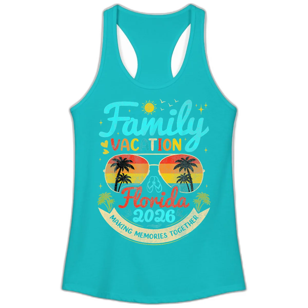 Family Florida Vacation 2026 Sunglasses Palm Tree Ladies Tank in Tahiti Blue