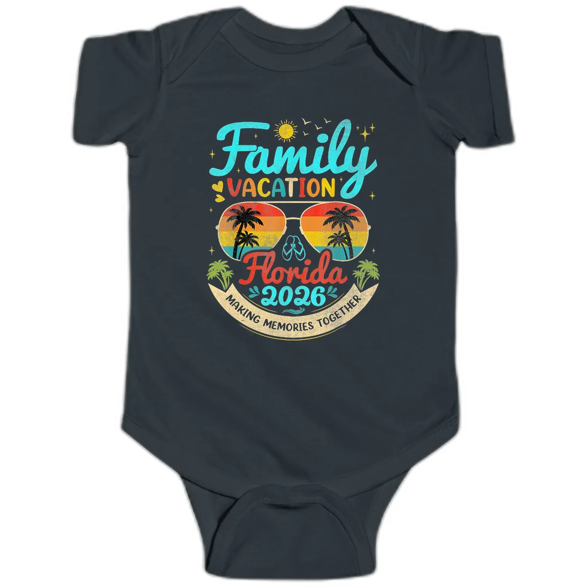 Family Florida Vacation 2026 Sunglasses Palm Tree Baby Onesie in Black