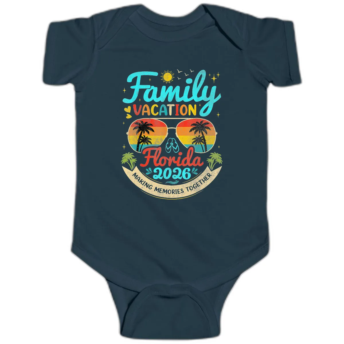 Family Florida Vacation 2026 Sunglasses Palm Tree Baby Onesie in Navy