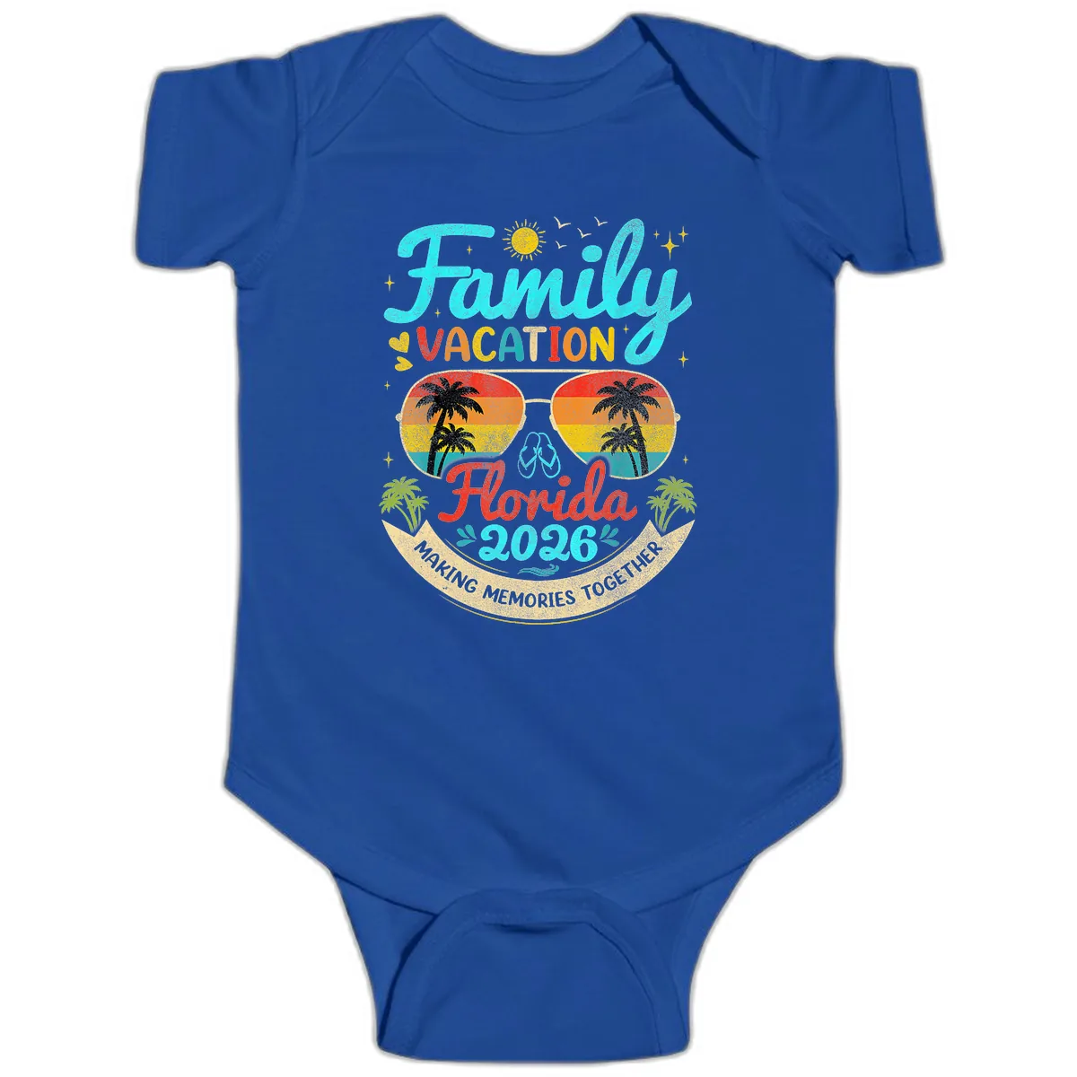 Family Florida Vacation 2026 Sunglasses Palm Tree Baby Onesie in Royal