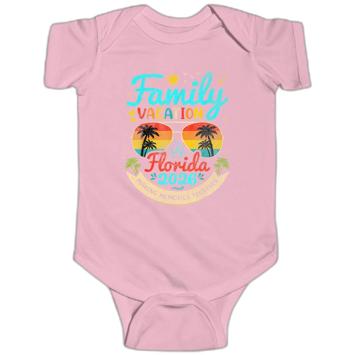 Family Florida Vacation 2026 Sunglasses Palm Tree Baby Onesie in Pink