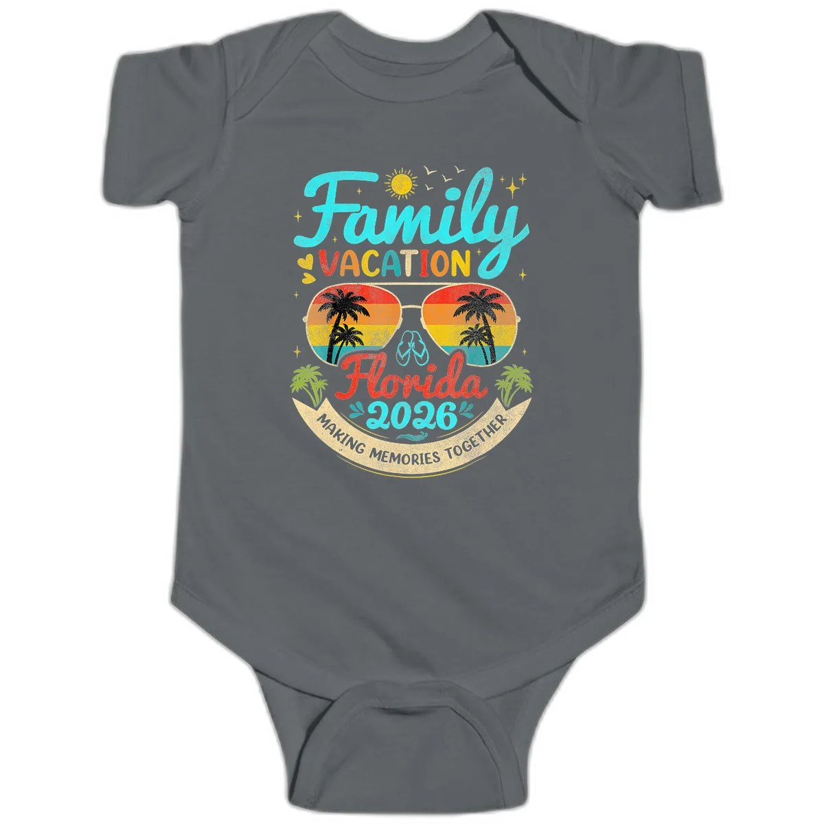Family Florida Vacation 2026 Sunglasses Palm Tree Baby Onesie in Charcoal