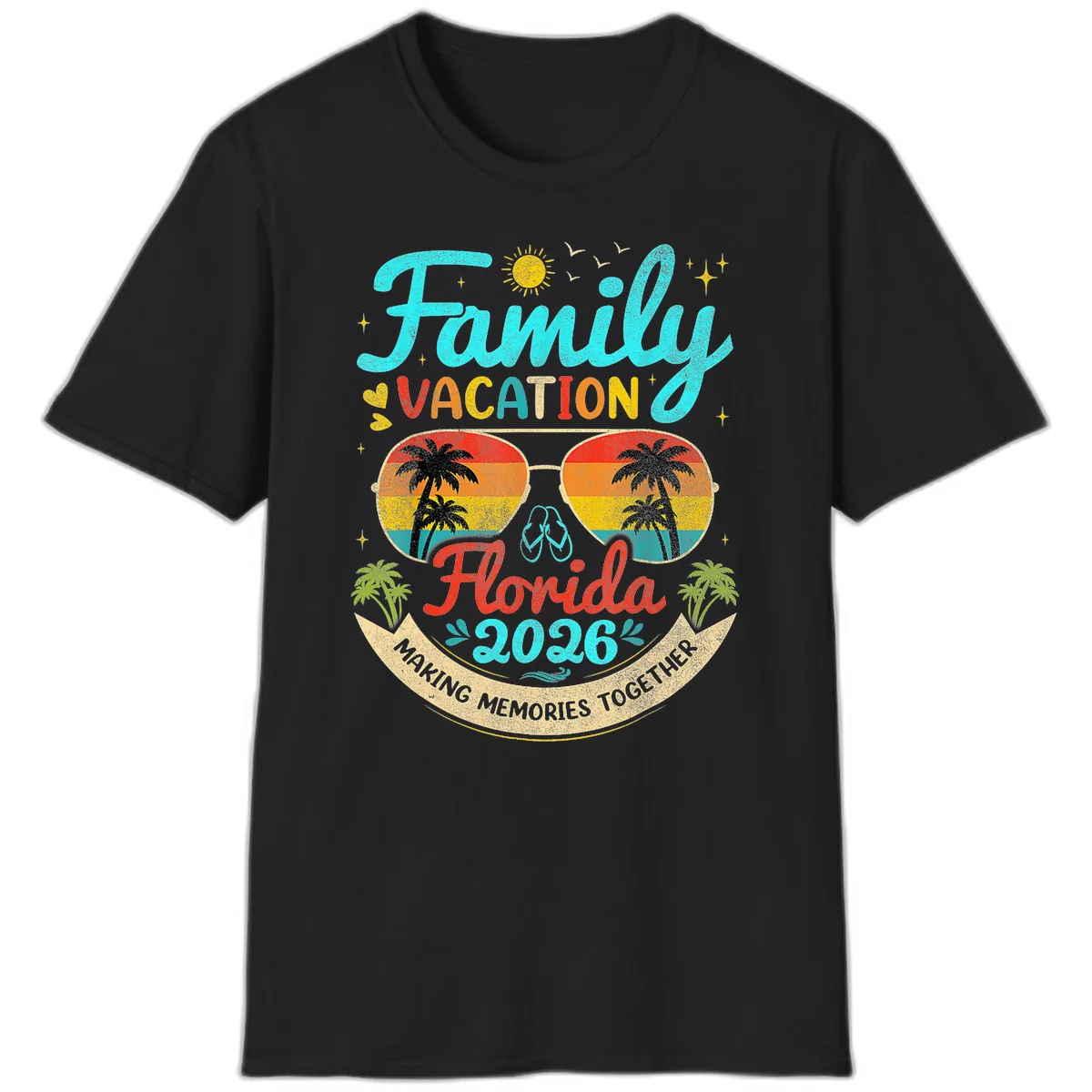 Family Florida Vacation 2026 Sunglasses Palm Tree T-Shirt in Black