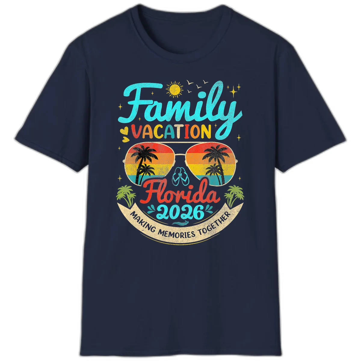 Family Florida Vacation 2026 Sunglasses Palm Tree T-Shirt in Navy