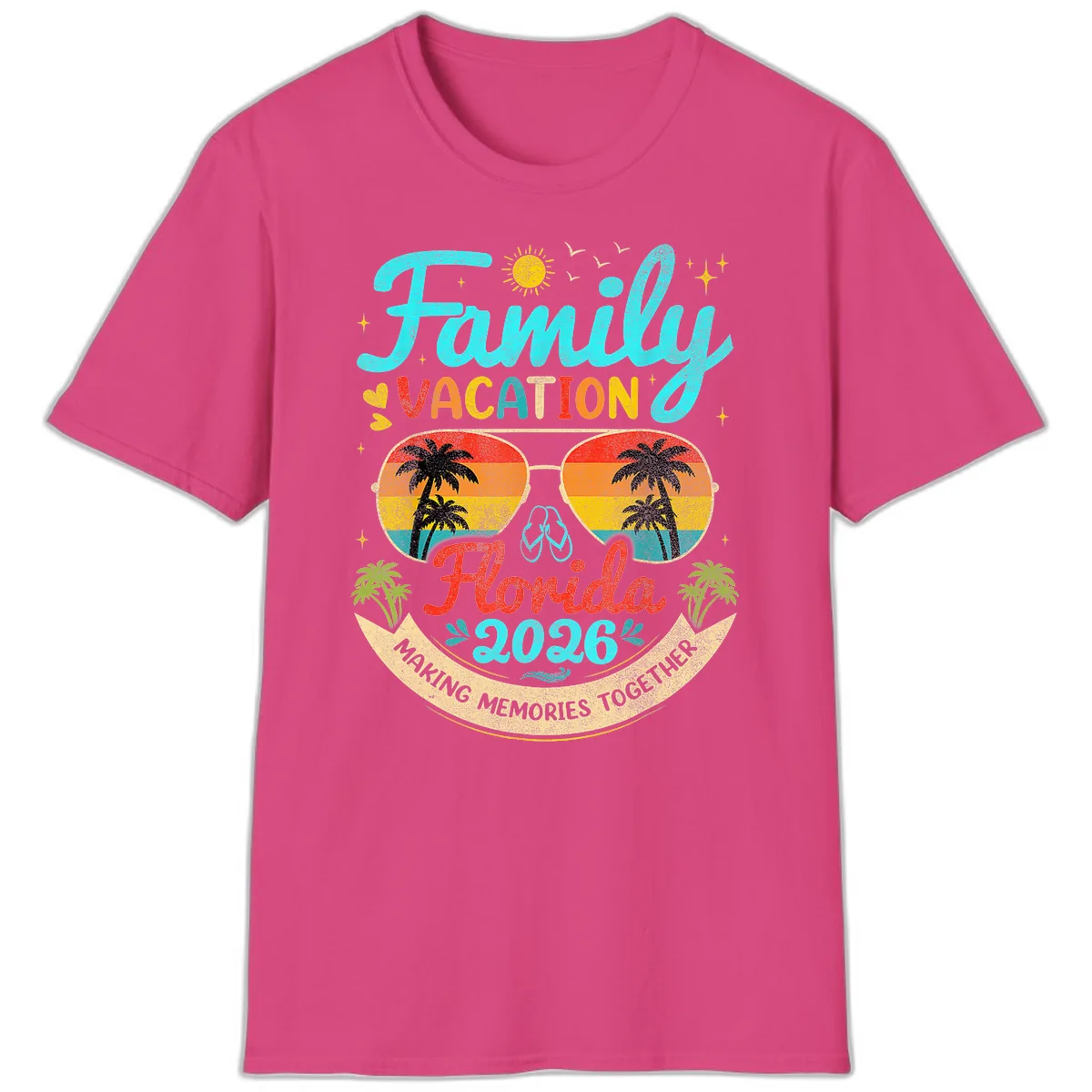 Family Florida Vacation 2026 Sunglasses Palm Tree T-Shirt in Heliconia