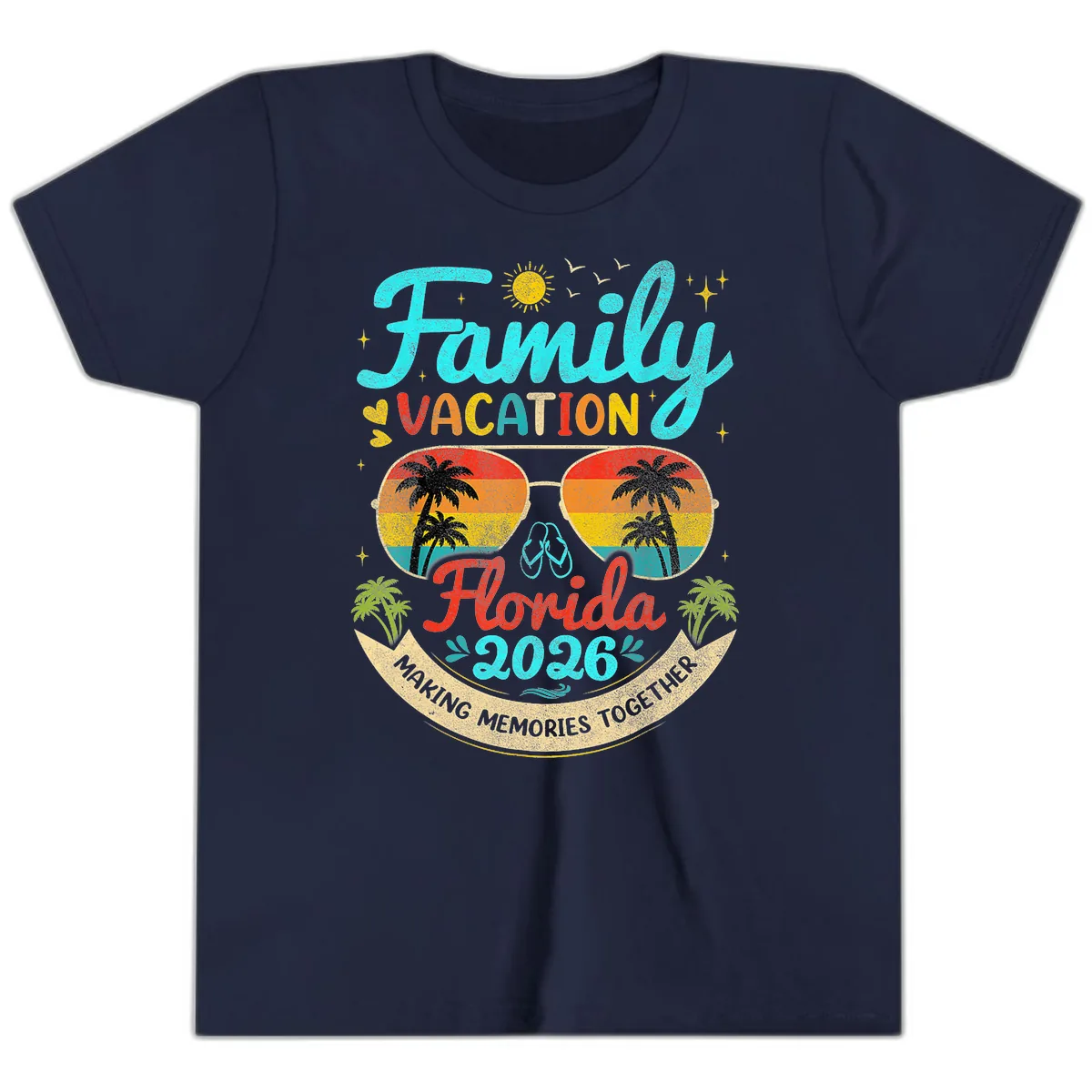 Family Florida Vacation 2026 Sunglasses Palm Tree Youth T-Shirt in Navy
