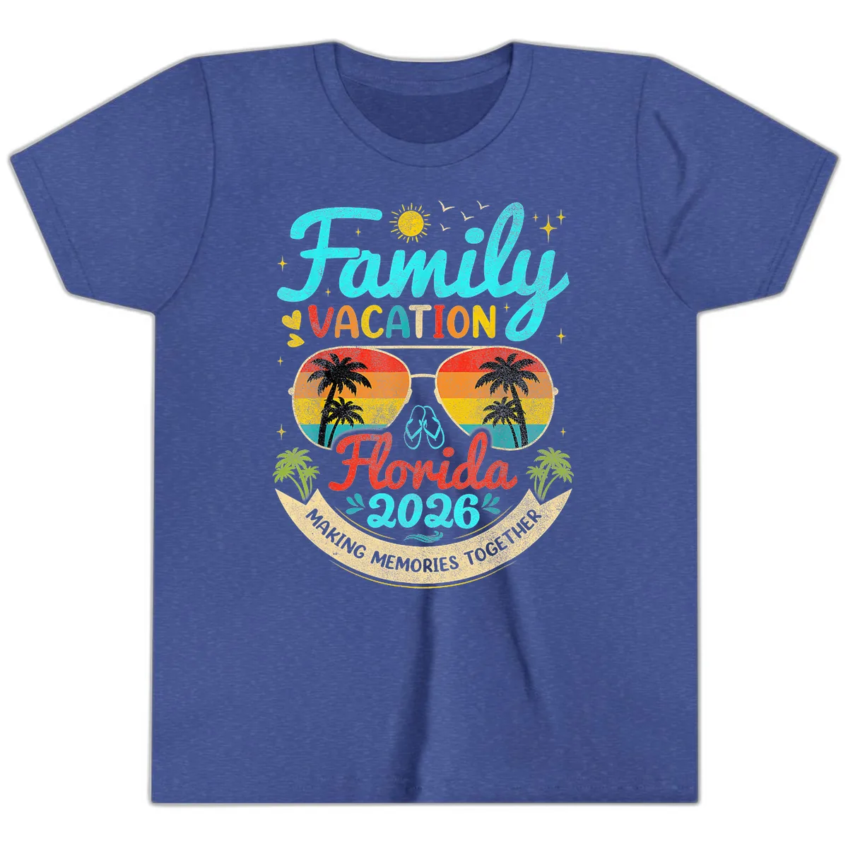Family Florida Vacation 2026 Sunglasses Palm Tree Youth T-Shirt in Heather True Royal