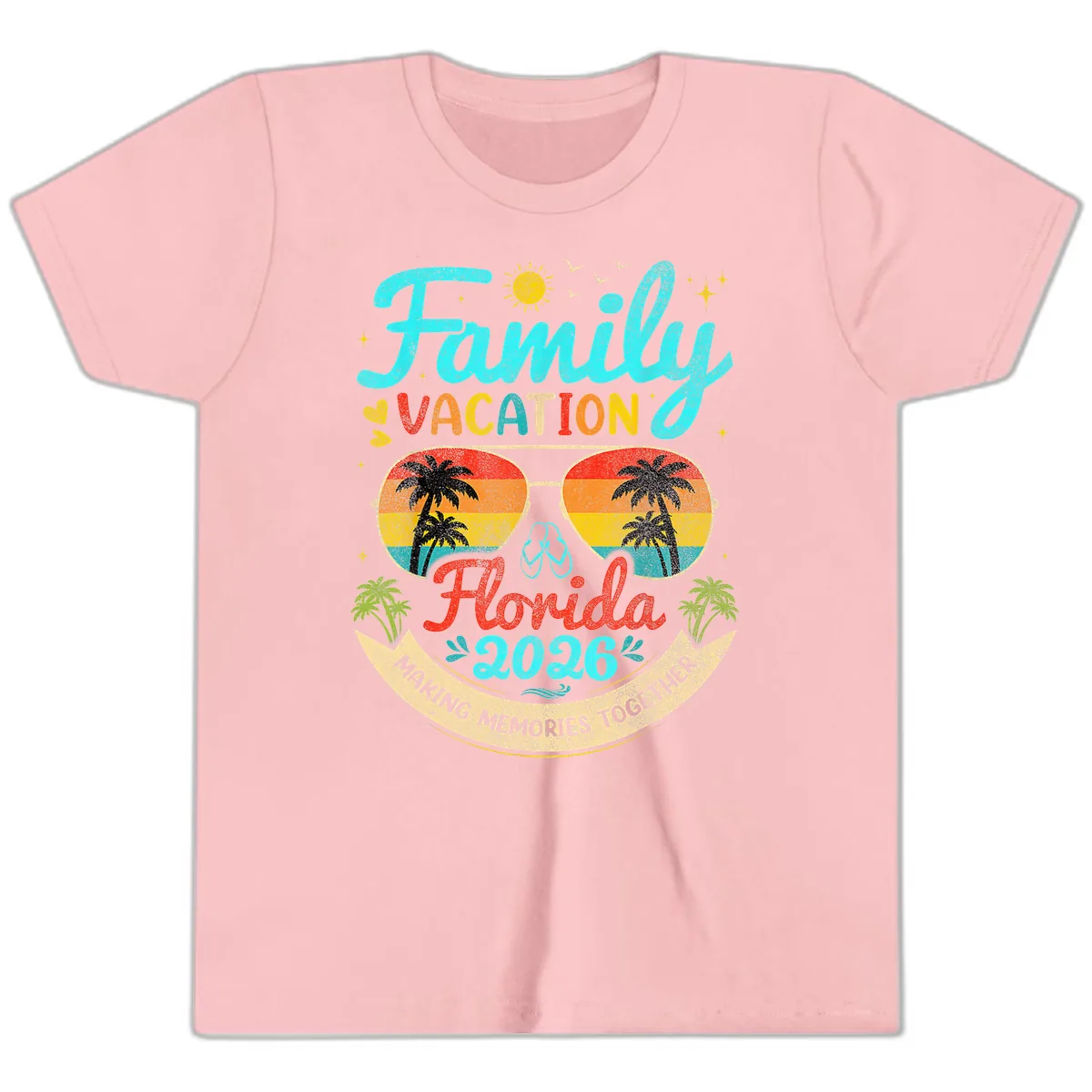 Family Florida Vacation 2026 Sunglasses Palm Tree Youth T-Shirt in Pink