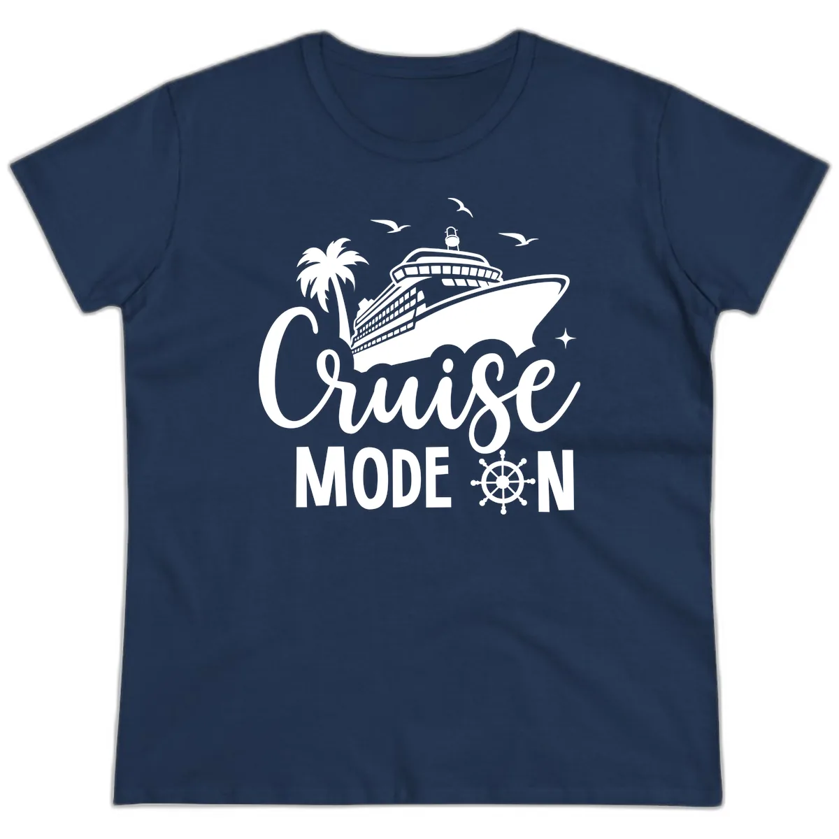 Cruise Mode On Family Vacation Apparel Ladies Tee in Navy