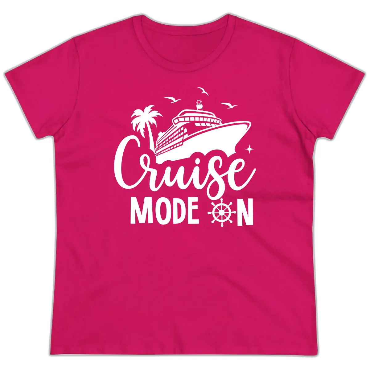 Cruise Mode On Family Vacation Apparel Ladies Tee in Heliconia