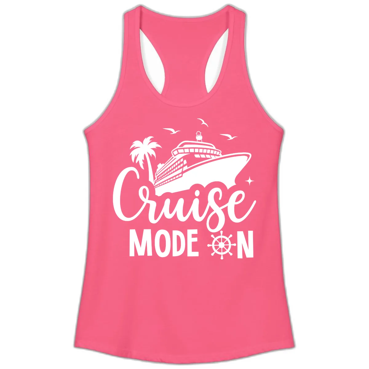 Cruise Mode On Family Vacation Apparel Ladies Tank in Solid Hot Pink