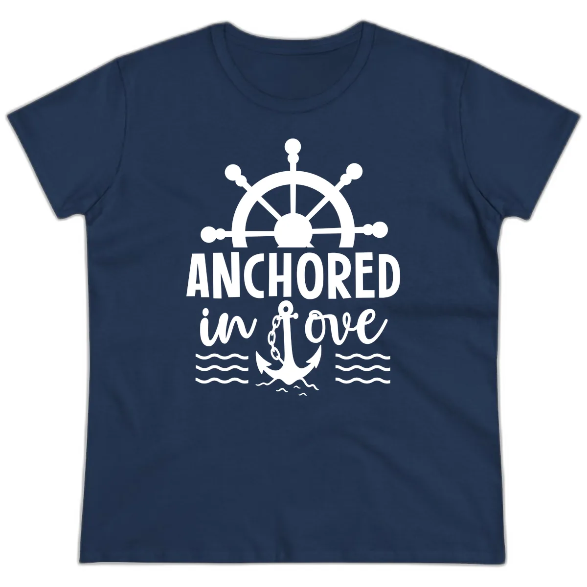 Anchored In Love Nautical Family Cruise Apparel Ladies Tee in Navy