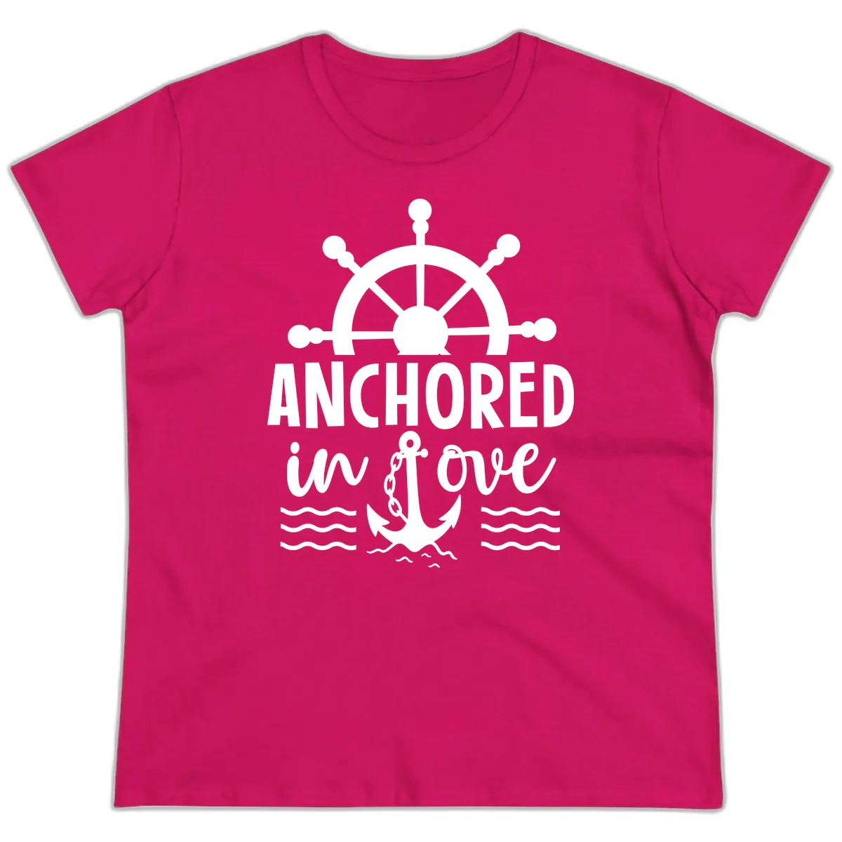 Anchored In Love Nautical Family Cruise Apparel Ladies Tee in Heliconia