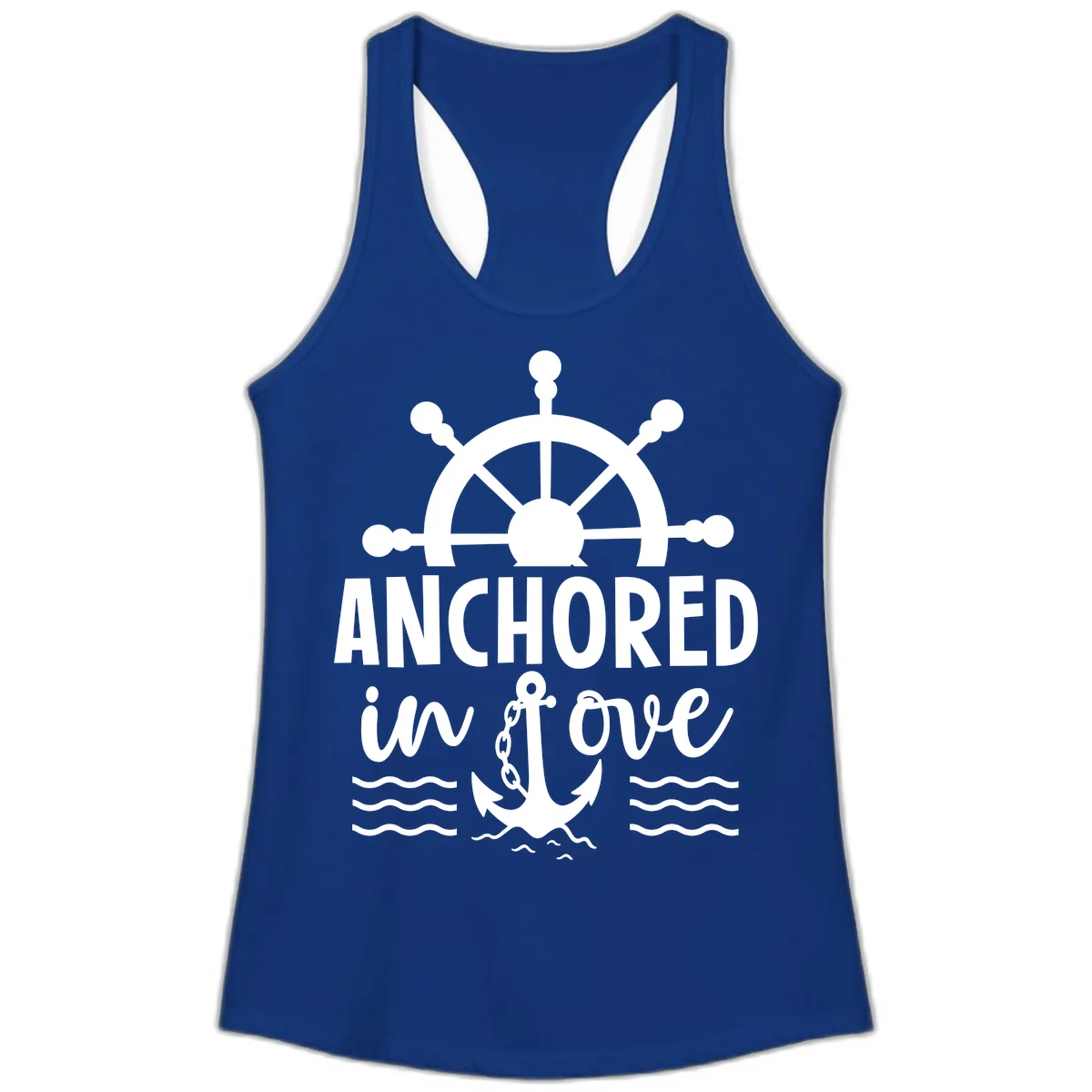 Anchored In Love Nautical Family Cruise Apparel Ladies Tank in Solid Royal