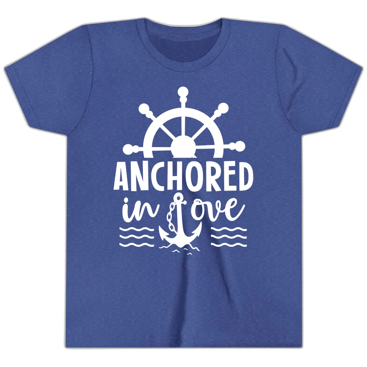 Anchored In Love Nautical Family Cruise Apparel Youth T-Shirt in Heather True Royal