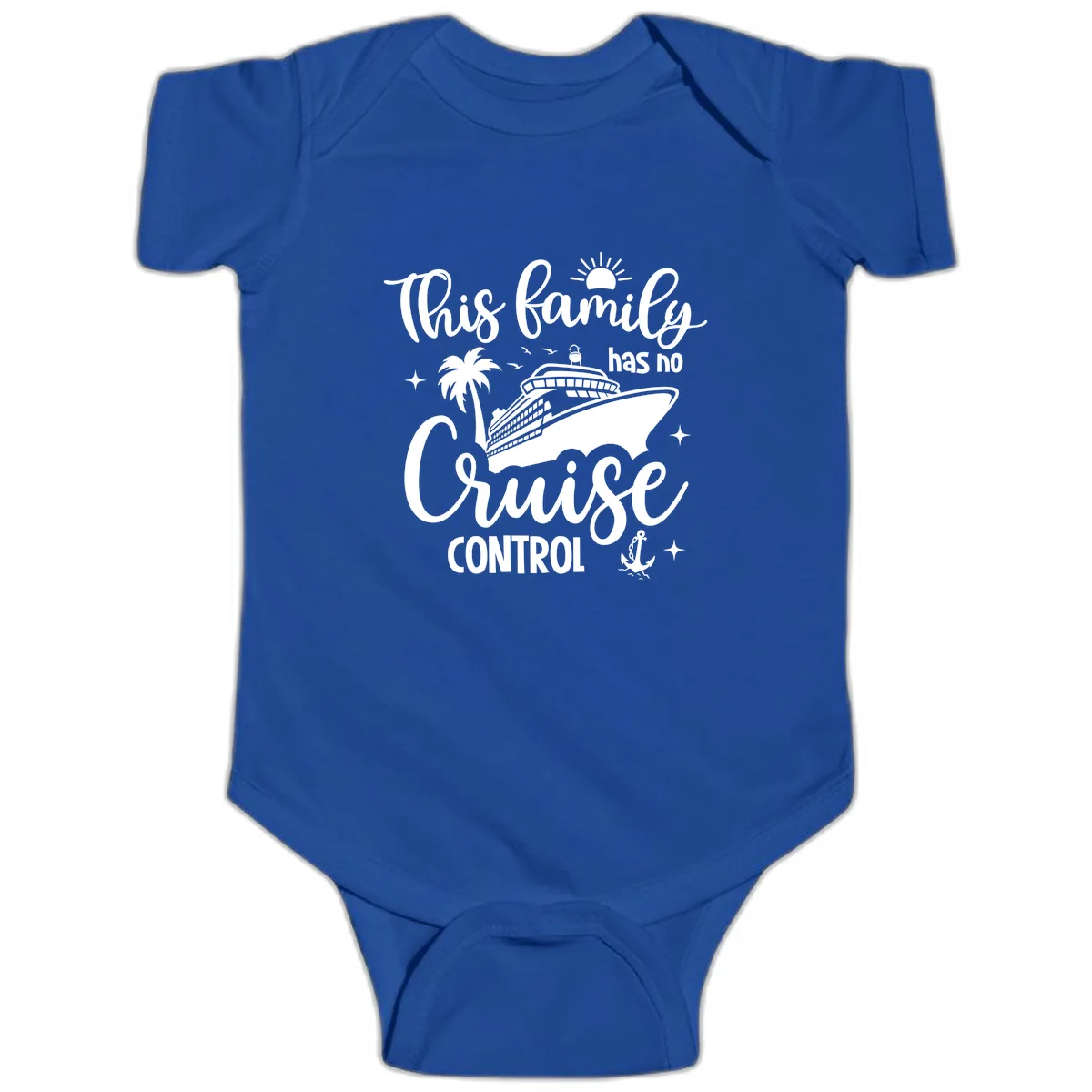 Family Has No Cruise Control Vacation Design Baby Onesie in Royal
