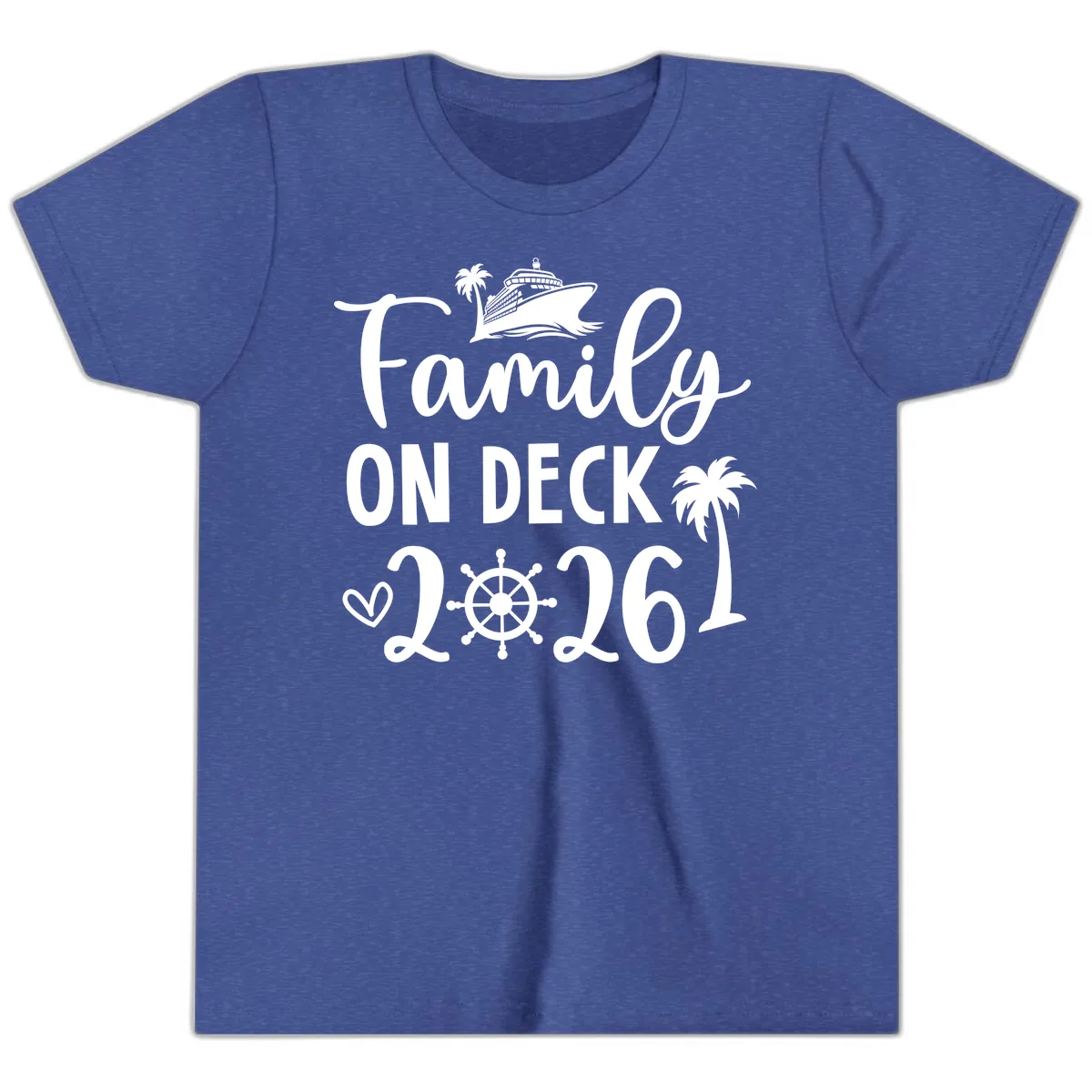 Family On Deck Cruise Vacation 2026 Youth T-Shirt in Heather True Royal