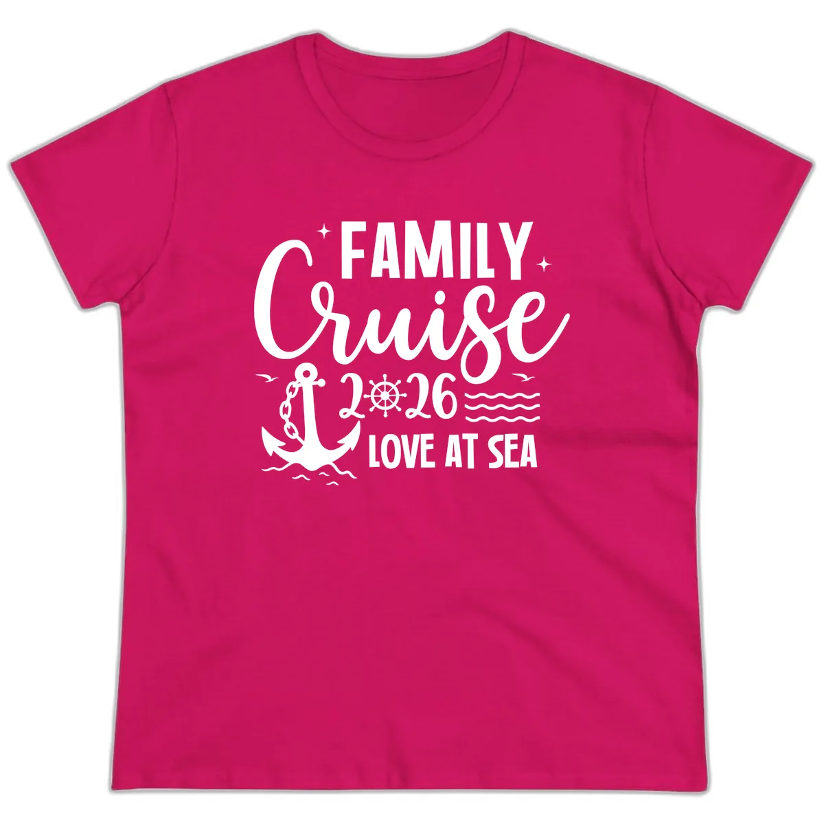 Family Cruise 2026 Love At Sea Vacation Apparel Ladies Tee in Heliconia