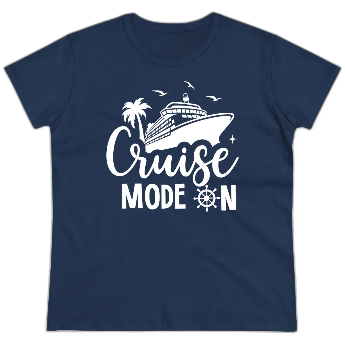 Cruise Mode On Ship Vacation Apparel Ladies Tee in Navy