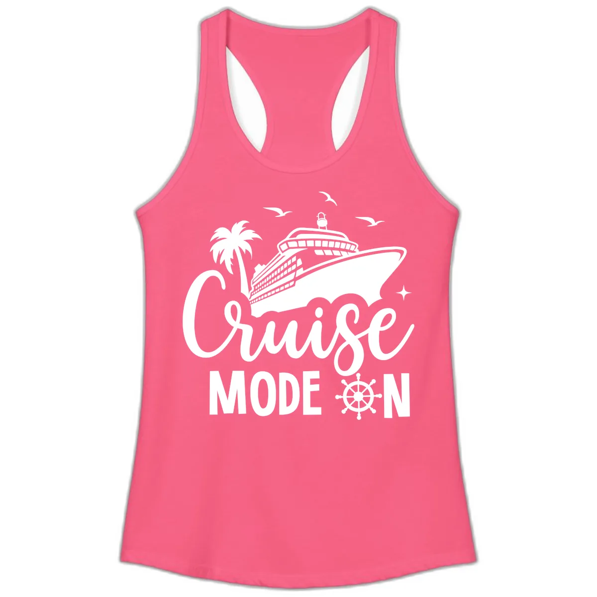 Cruise Mode On Ship Vacation Apparel Ladies Tank in Solid Hot Pink
