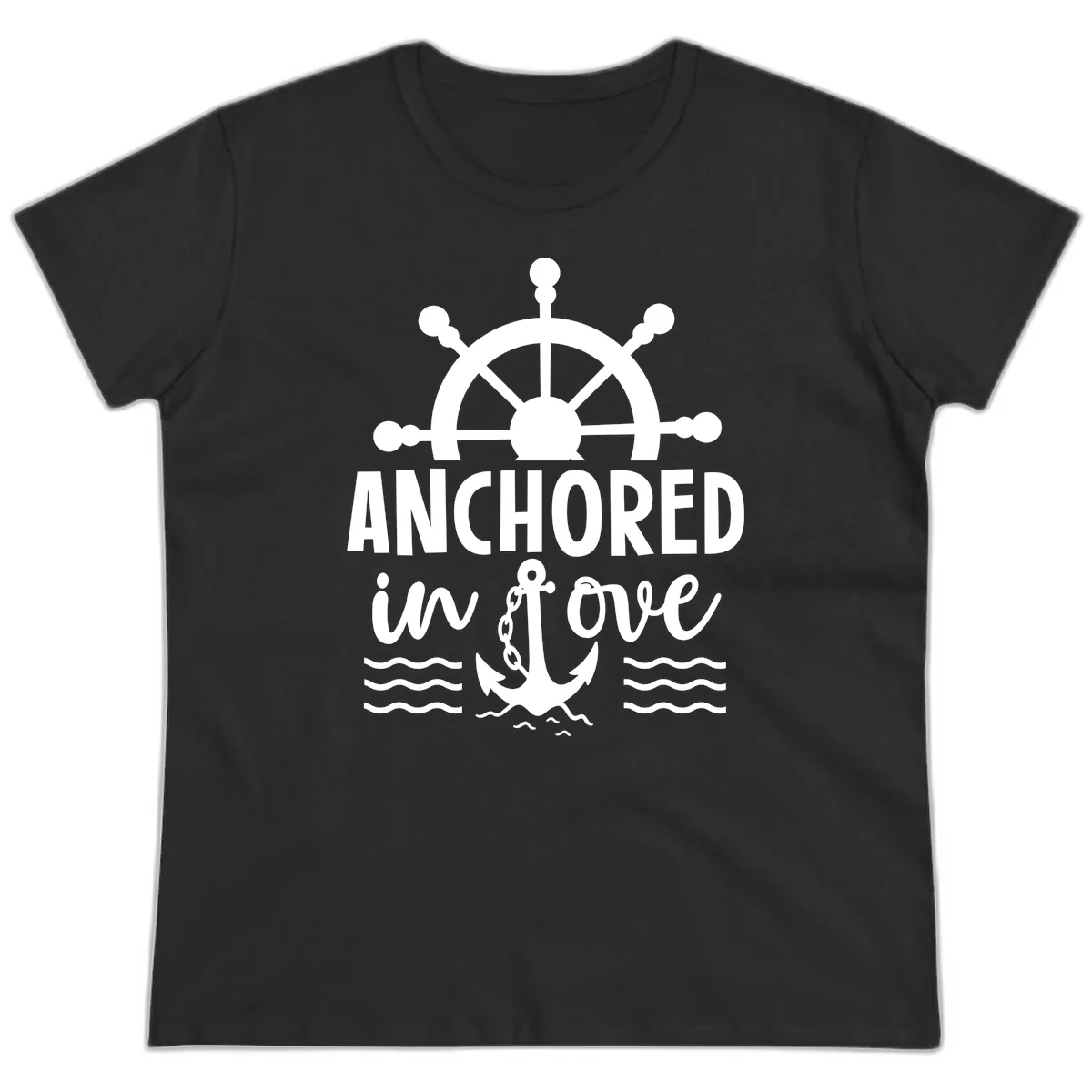 Anchored In Love Family Cruise Vacation Apparel Ladies Tee in Black