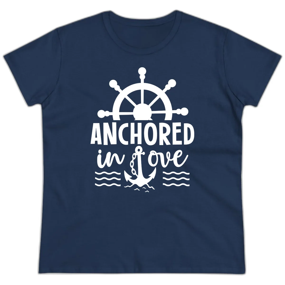 Anchored In Love Family Cruise Vacation Apparel Ladies Tee in Navy