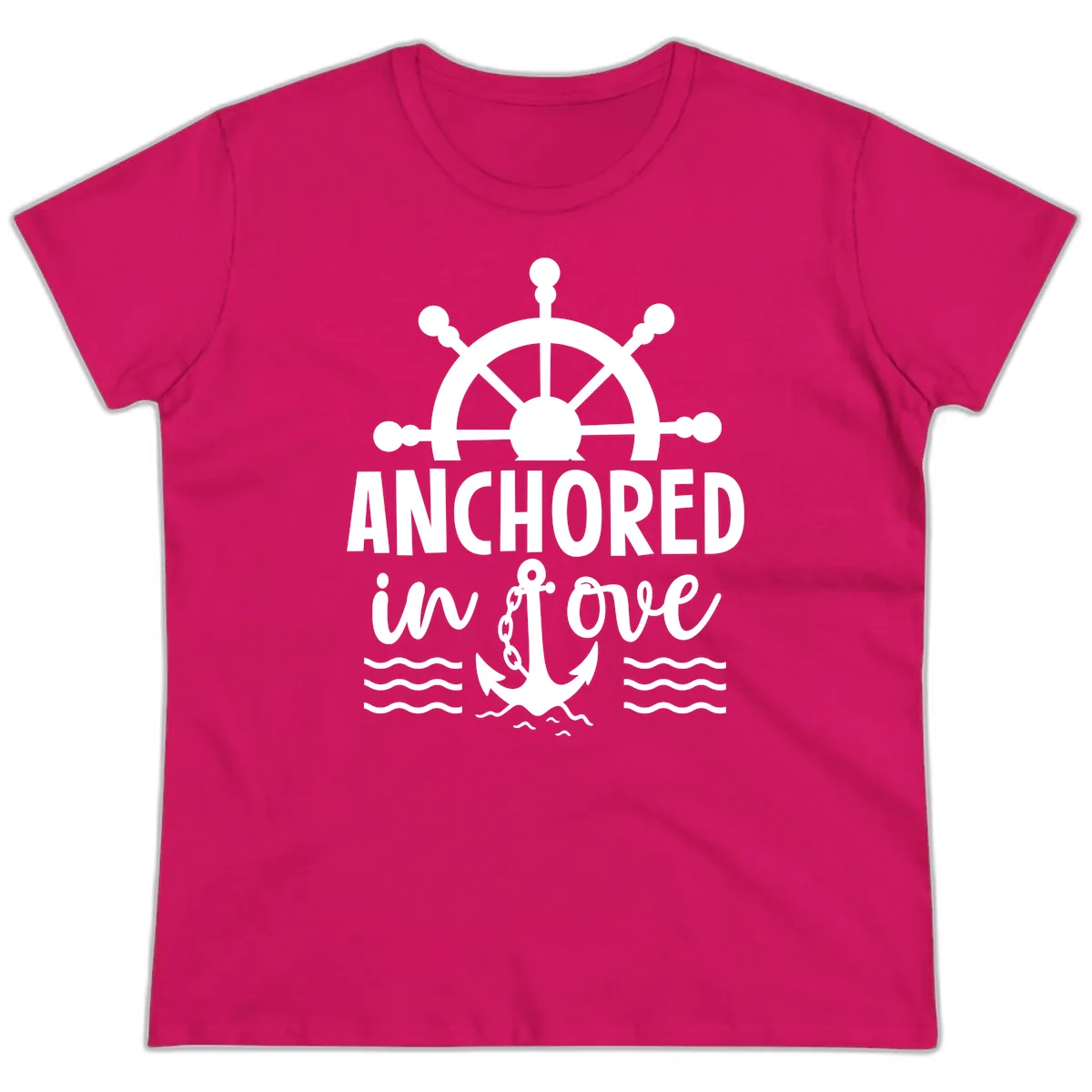 Anchored In Love Family Cruise Vacation Apparel Ladies Tee in Heliconia