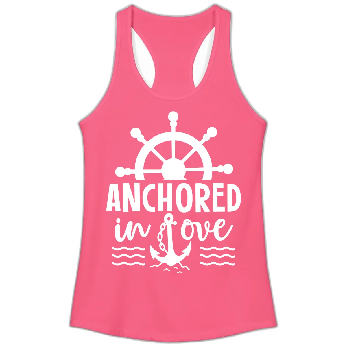 Anchored In Love Family Cruise Vacation Apparel Ladies Tank in Solid Hot Pink