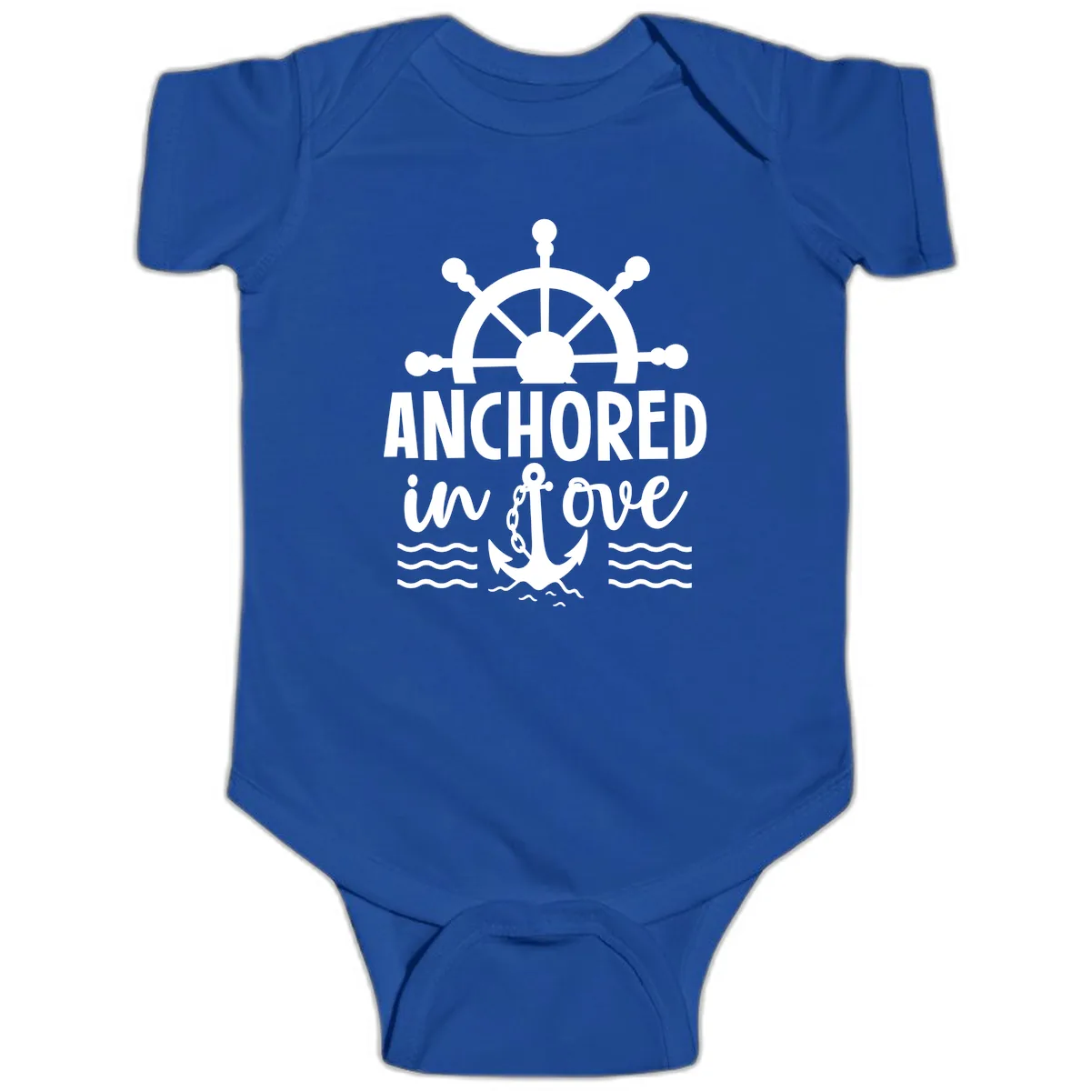 Anchored In Love Family Cruise Vacation Apparel Baby Onesie in Royal