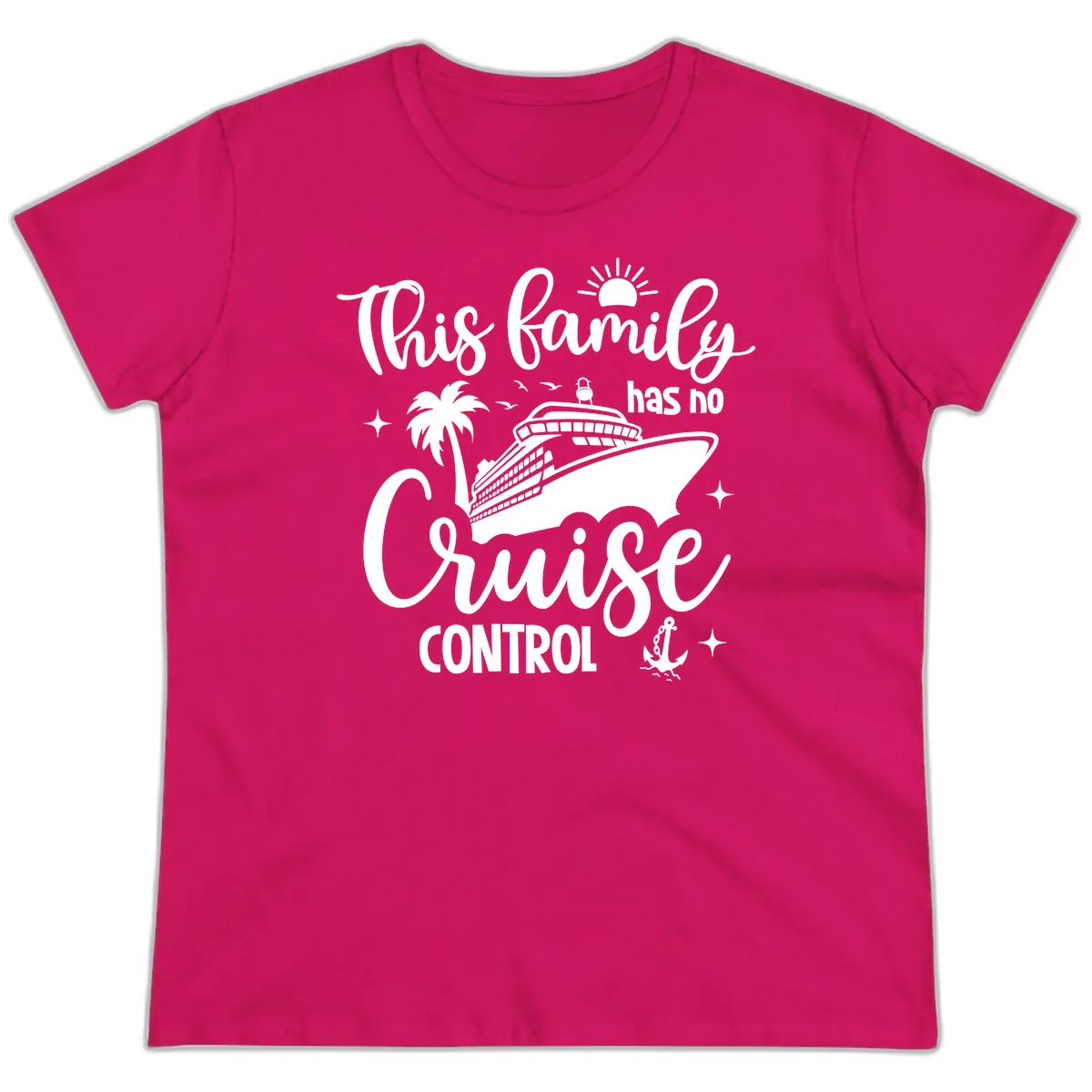 This Family Has No Cruise Control Vacation Ladies Tee in Heliconia