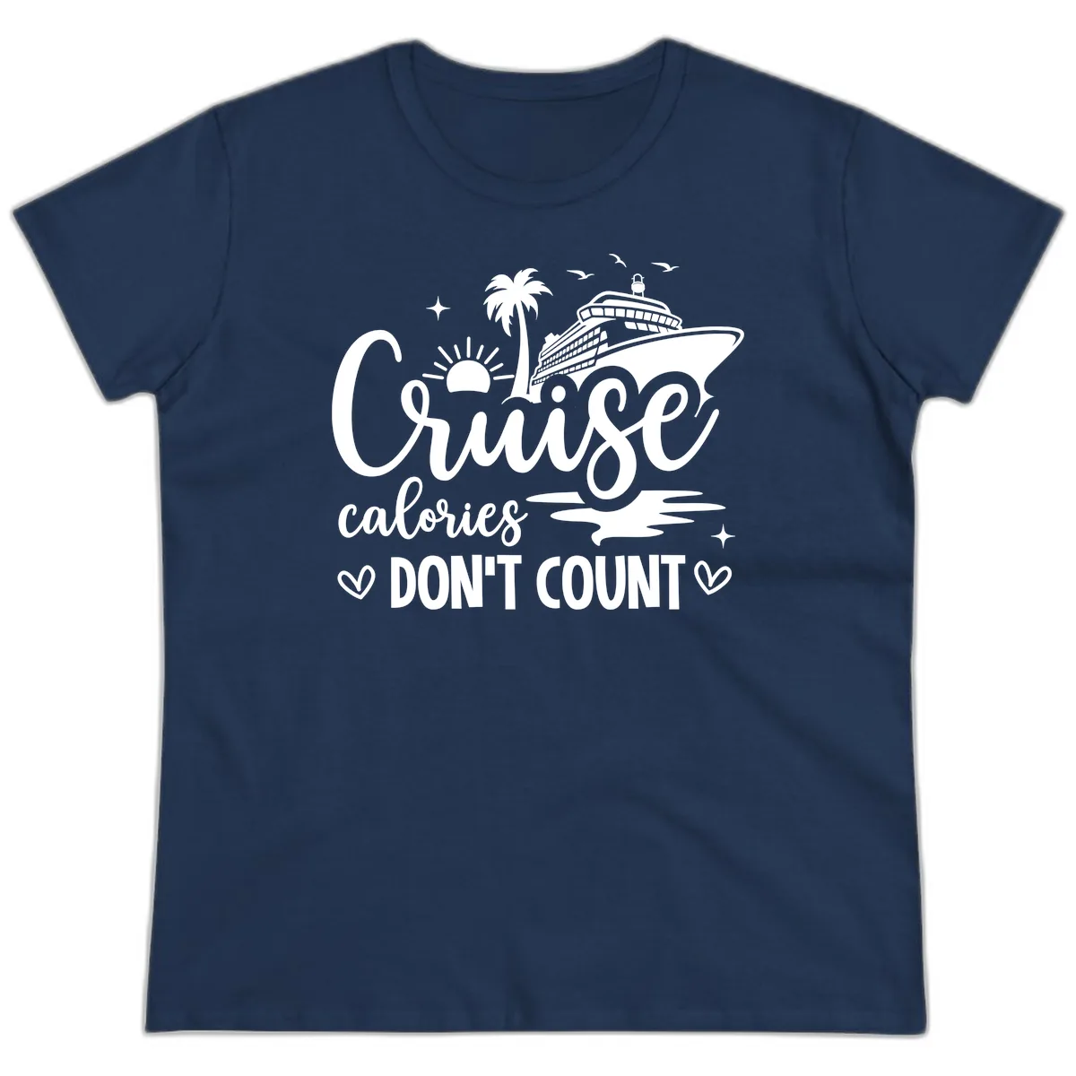 Cruise Calories Don't Count Tropical Fun Ladies Tee in Navy