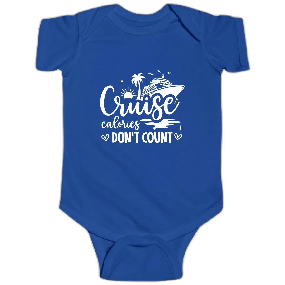 Cruise Calories Don't Count Tropical Fun Baby Onesie in Royal