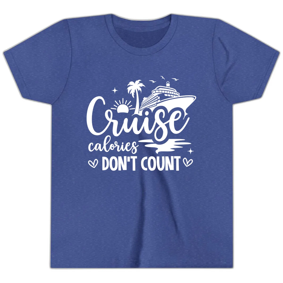 Cruise Calories Don't Count Tropical Fun Youth T-Shirt in Heather True Royal