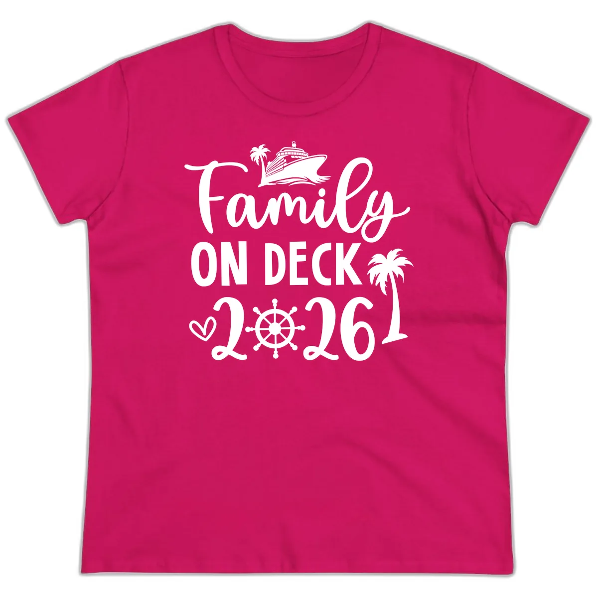 Family On Deck 2026 Cruise Vacation Ladies Tee in Heliconia
