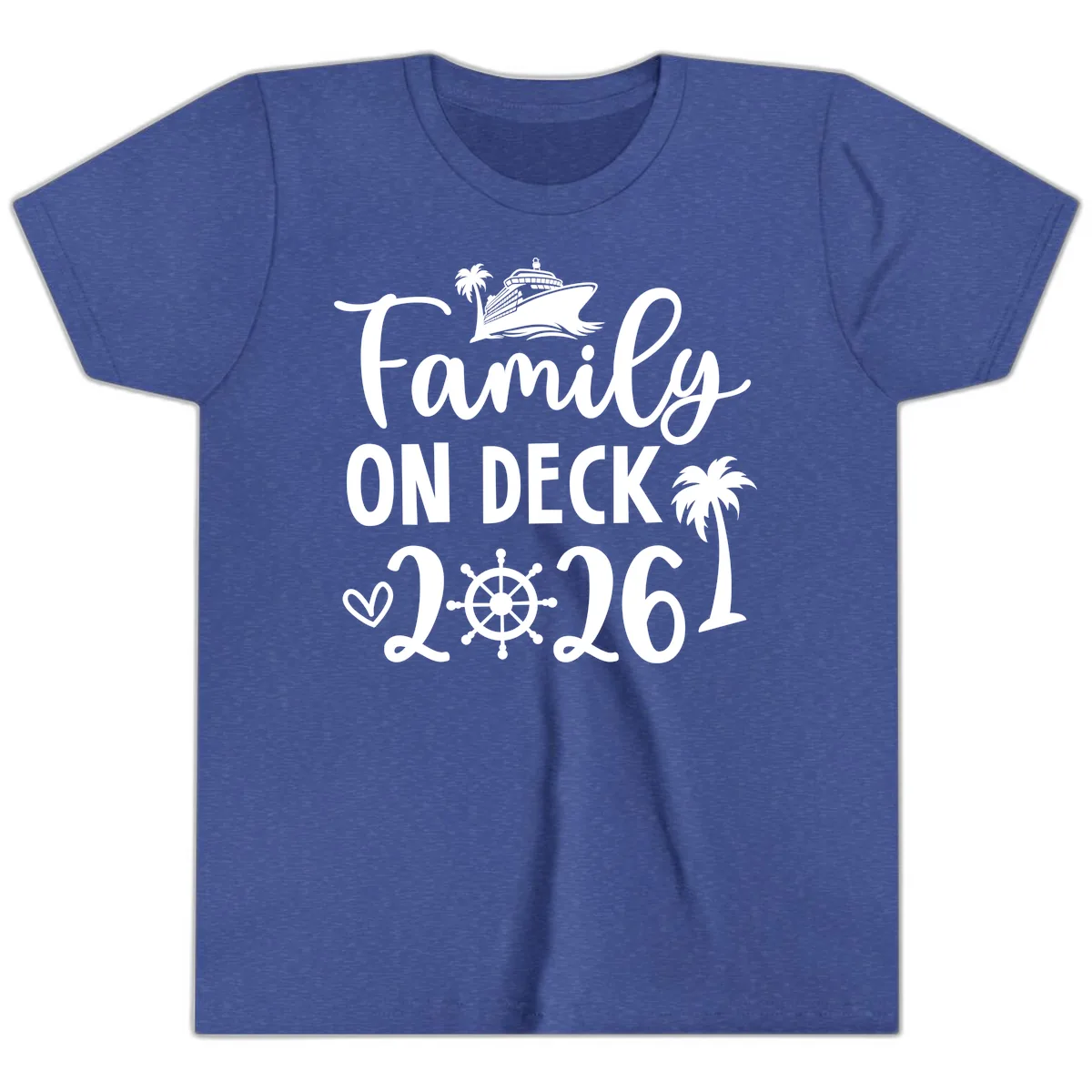 Family On Deck 2026 Cruise Vacation Youth T-Shirt in Heather True Royal