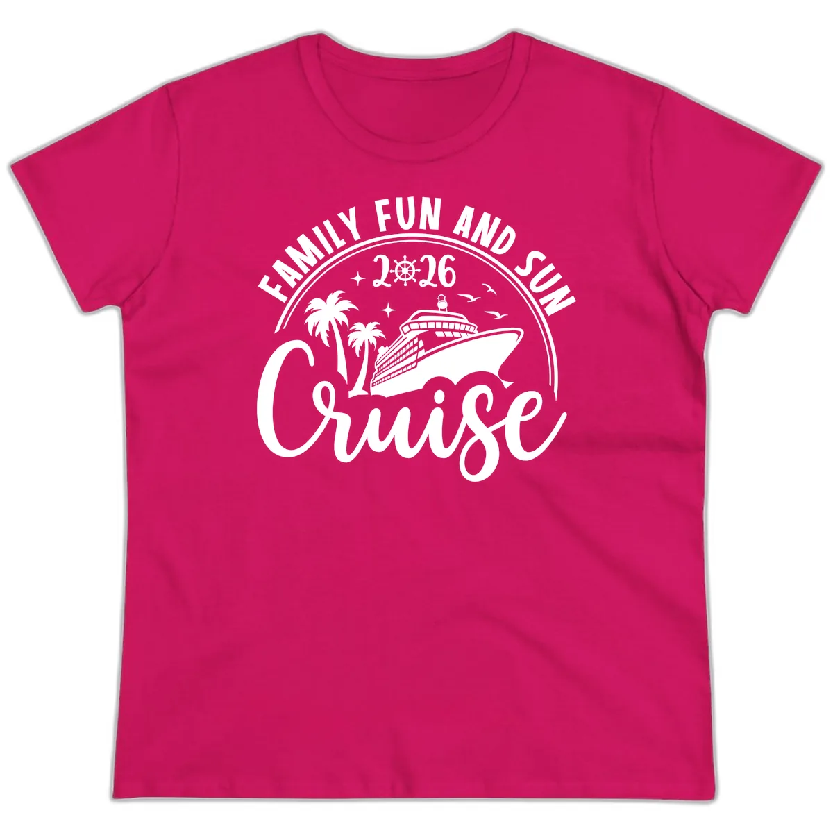 Family Fun and Sun Cruise 2026 Vacation Ladies Tee in Heliconia