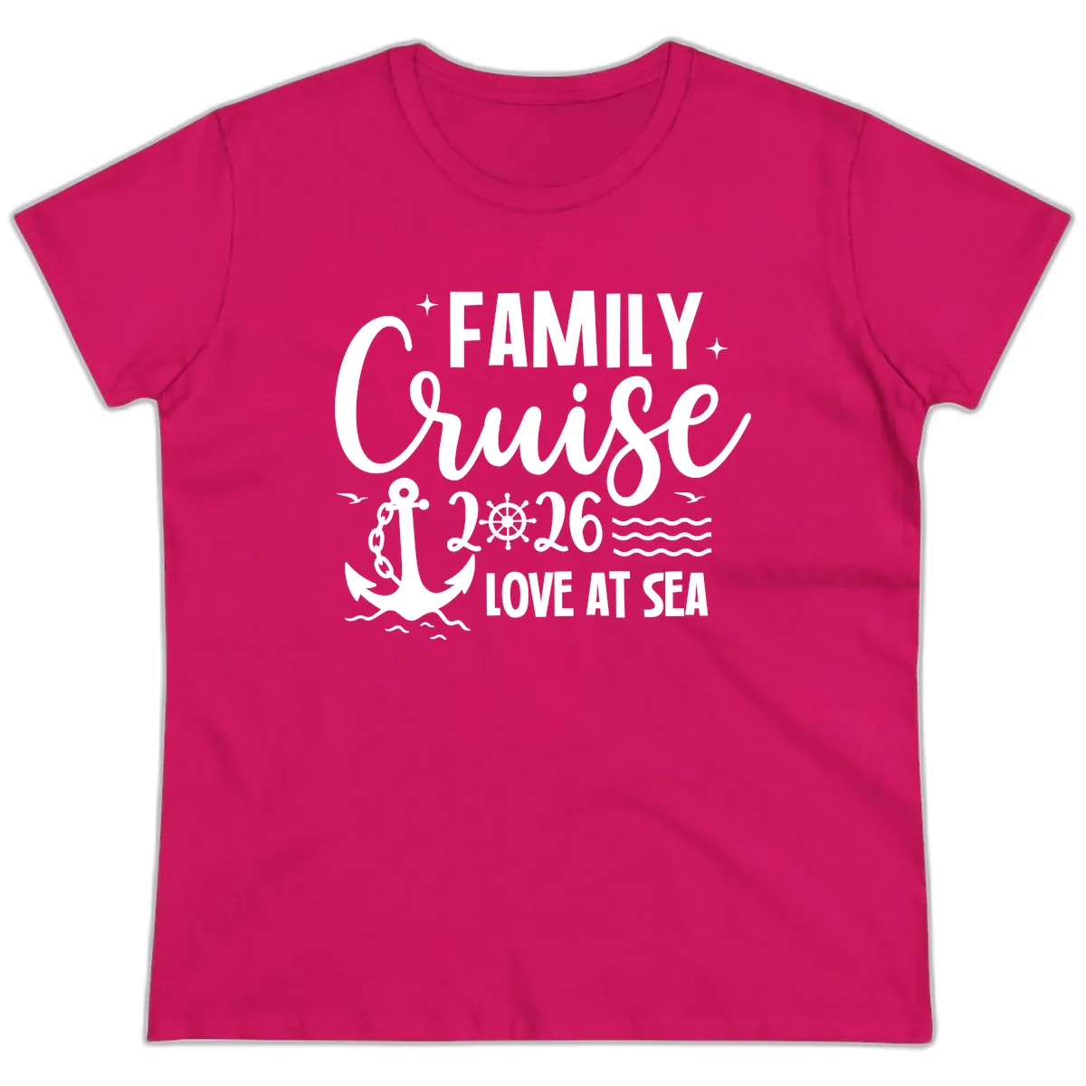 Family Cruise 2026 Love at Sea Vacation Apparel Ladies Tee in Heliconia