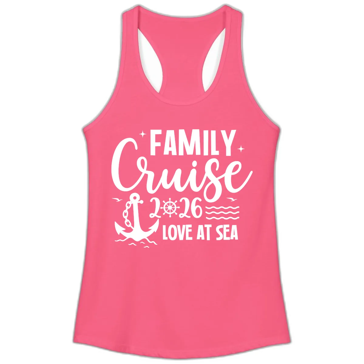 Family Cruise 2026 Love at Sea Vacation Apparel Ladies Tank in Solid Hot Pink