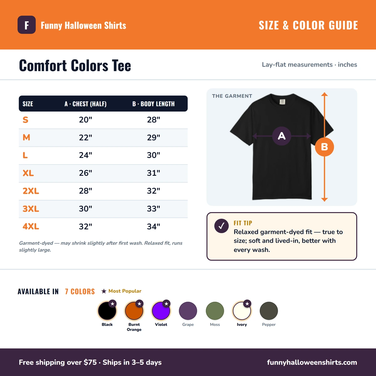 Comfort Color size & color guide