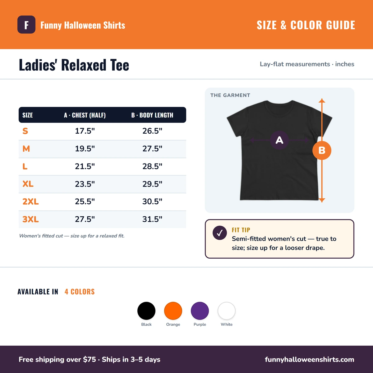 Ladies Tee size & color guide