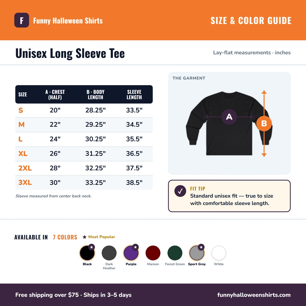 Long Sleeve size & color guide