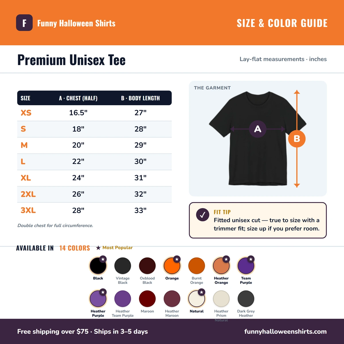 Premium T-Shirt size & color guide