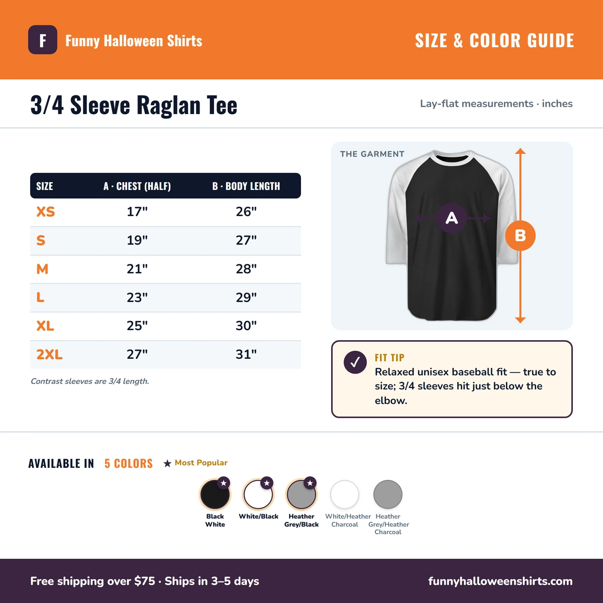 Raglan 3/4 size & color guide