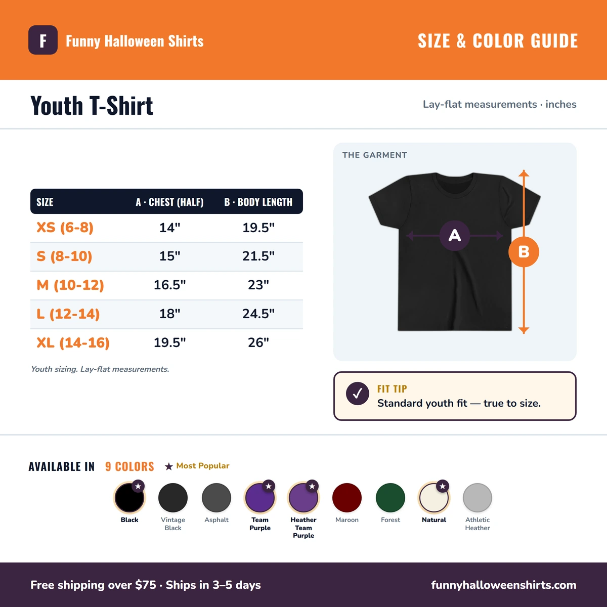 Youth T-Shirt size & color guide